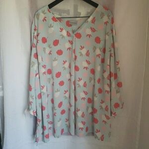 Catherines Women's 3/4 Sleeve Blouse V-Neck Business Casual Blue Pink Floral 3X